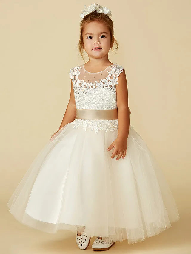 Ball Gown Lace Tulle Sleeveless Jewel Neck Wedding Party Pageant Flower Girl Dresses