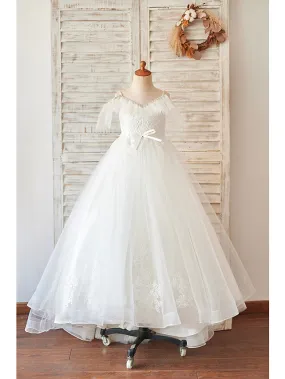 Ball Gown Lace Tulle Sleeveless V Neck Wedding Birthday Flower Girl Dresses