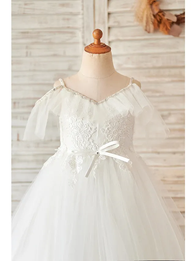 Ball Gown Lace Tulle Sleeveless V Neck Wedding Birthday Flower Girl Dresses