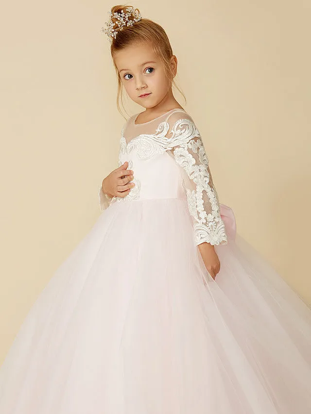 Ball Gown Lace Tulle Wedding Party Pageant Flower Girl Dresses with Sleeves