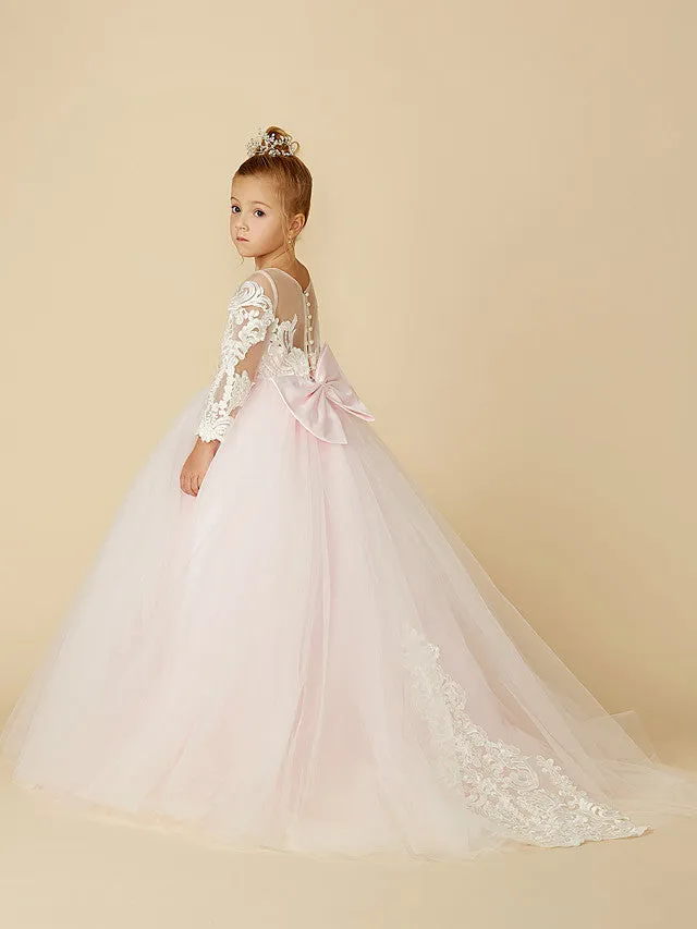 Ball Gown Lace Tulle Wedding Party Pageant Flower Girl Dresses with Sleeves