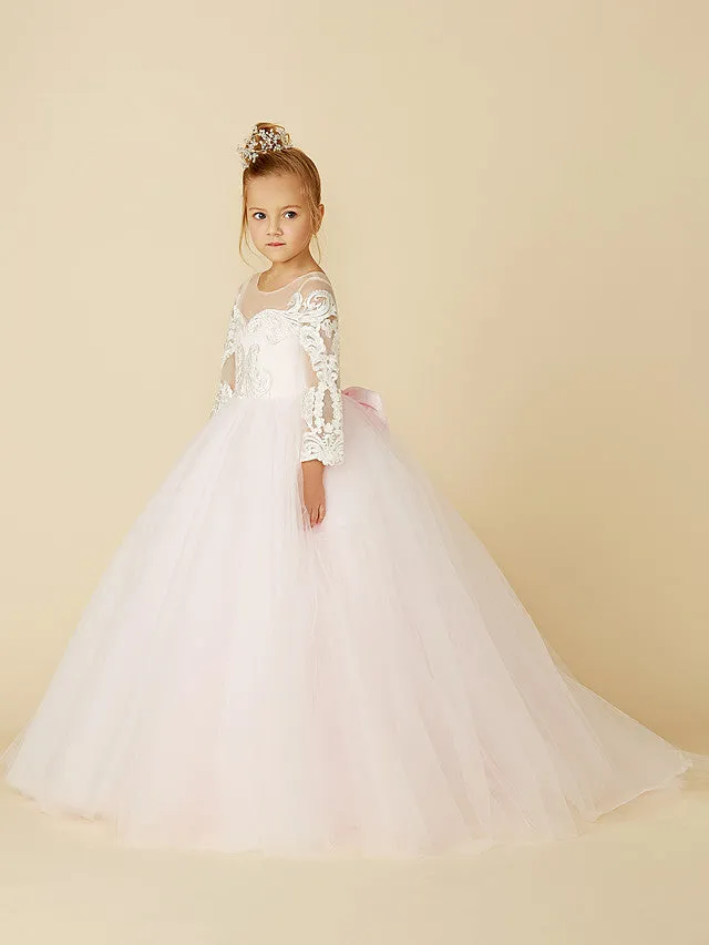 Ball Gown Lace Tulle Wedding Party Pageant Flower Girl Dresses with Sleeves