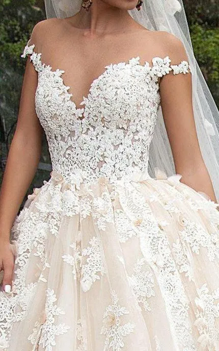 Ball Gown Mini Jewel Bell Illusion Beading Appliques Flower Illusion Flower Chapel Train Button Illusion Tulle Lace Dress-713456