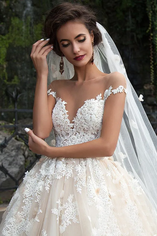 Ball Gown Mini Jewel Bell Illusion Beading Appliques Flower Illusion Flower Chapel Train Button Illusion Tulle Lace Dress-713456