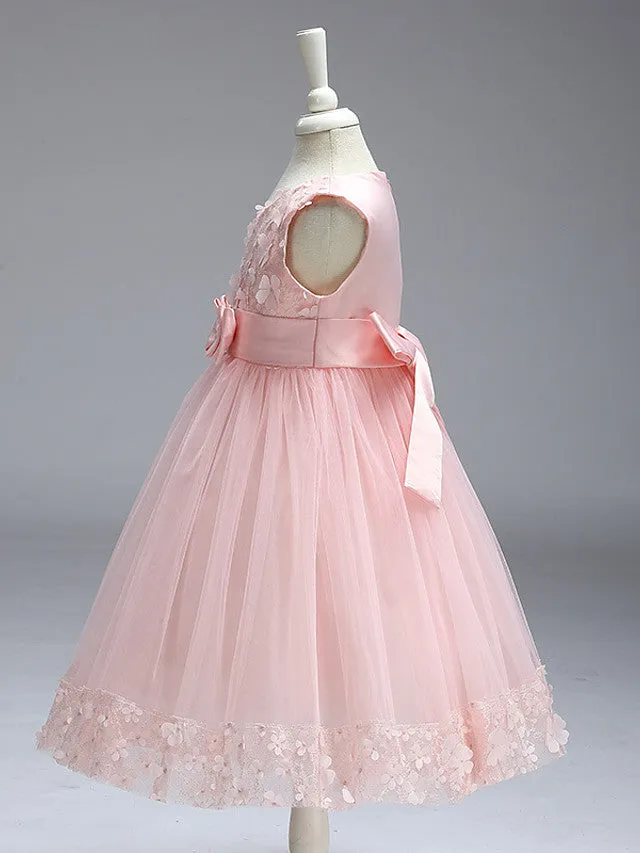 Ball Gown Tulle Sleeveless Jewel Neck Wedding Party Flower Girl Dresses With Bow