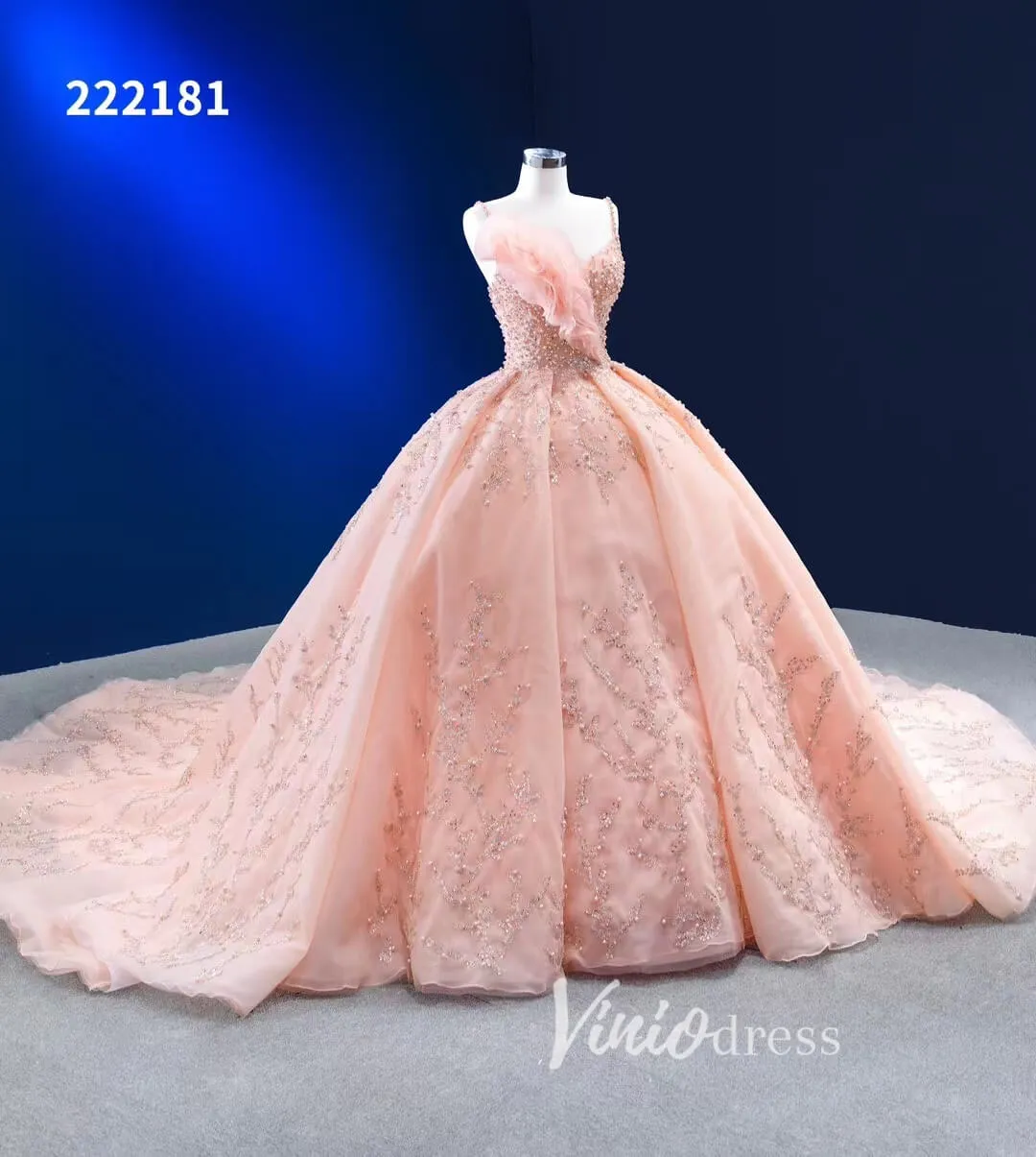 Beaded Blush Pink Ball Gown Spaghetti Strap Wedding Dresses  222181