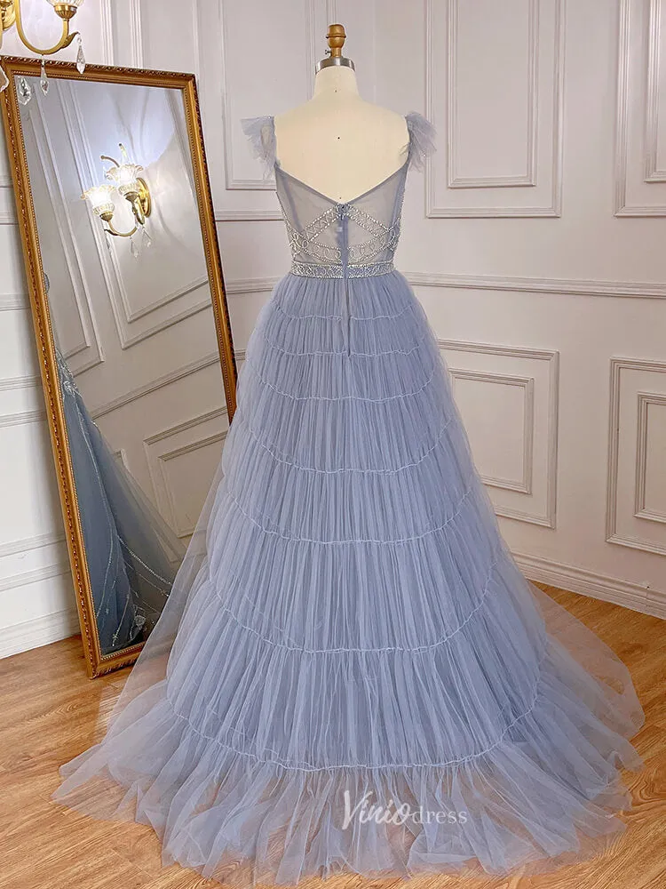 Beaded Dusty Blue Tulle Prom Dresses Plunging V-neck Formal Dress 20041