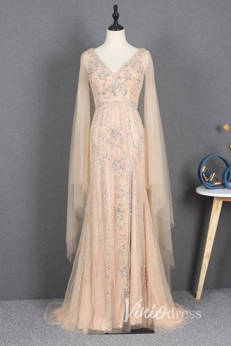 Beaded Gold Cape Sleeve Prom Dresses with Slit Sheath Evening Dress FD2780