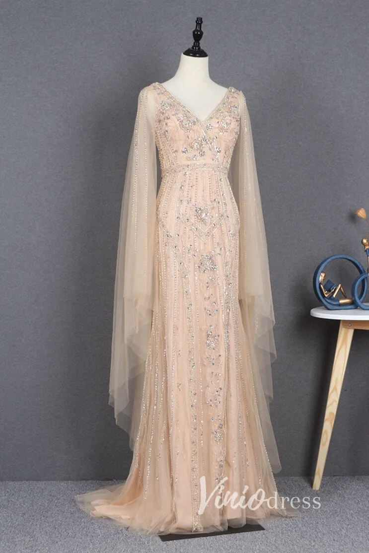 Beaded Gold Cape Sleeve Prom Dresses with Slit Sheath Evening Dress FD2780