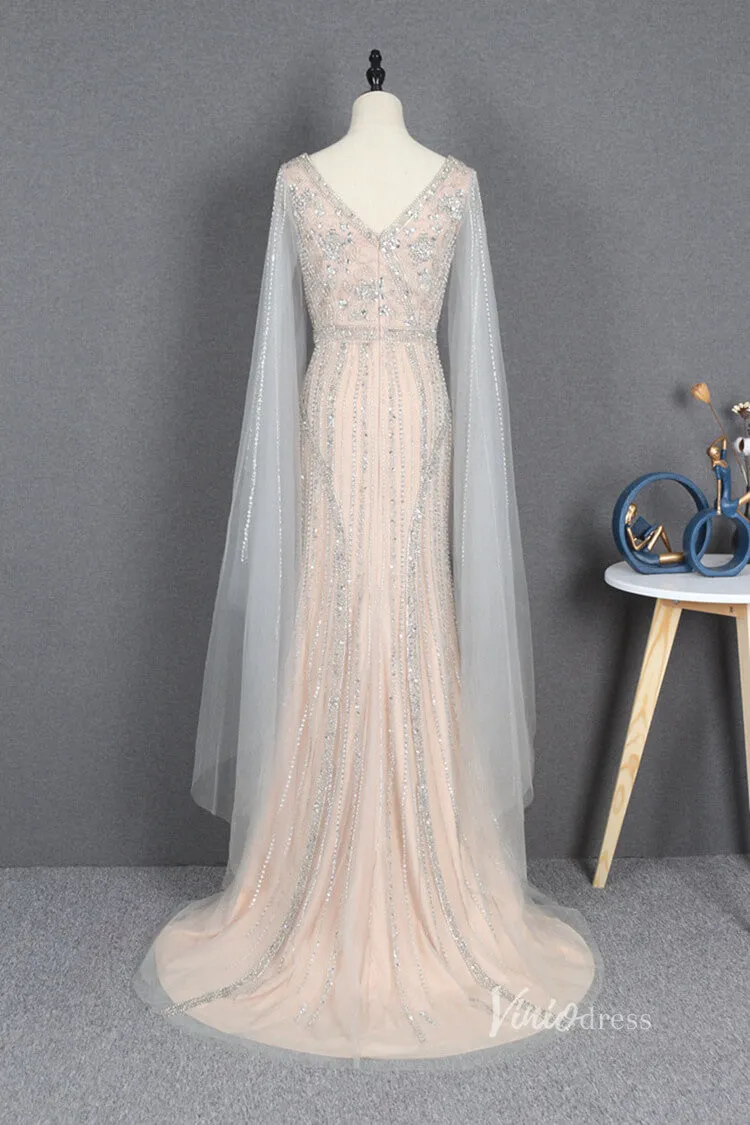 Beaded Gold Cape Sleeve Prom Dresses with Slit Sheath Evening Dress FD2780