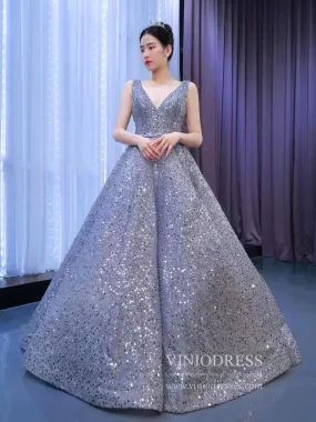 Beaded Gray Ball Gown V-neck Prom Dresses 67288 viniodress