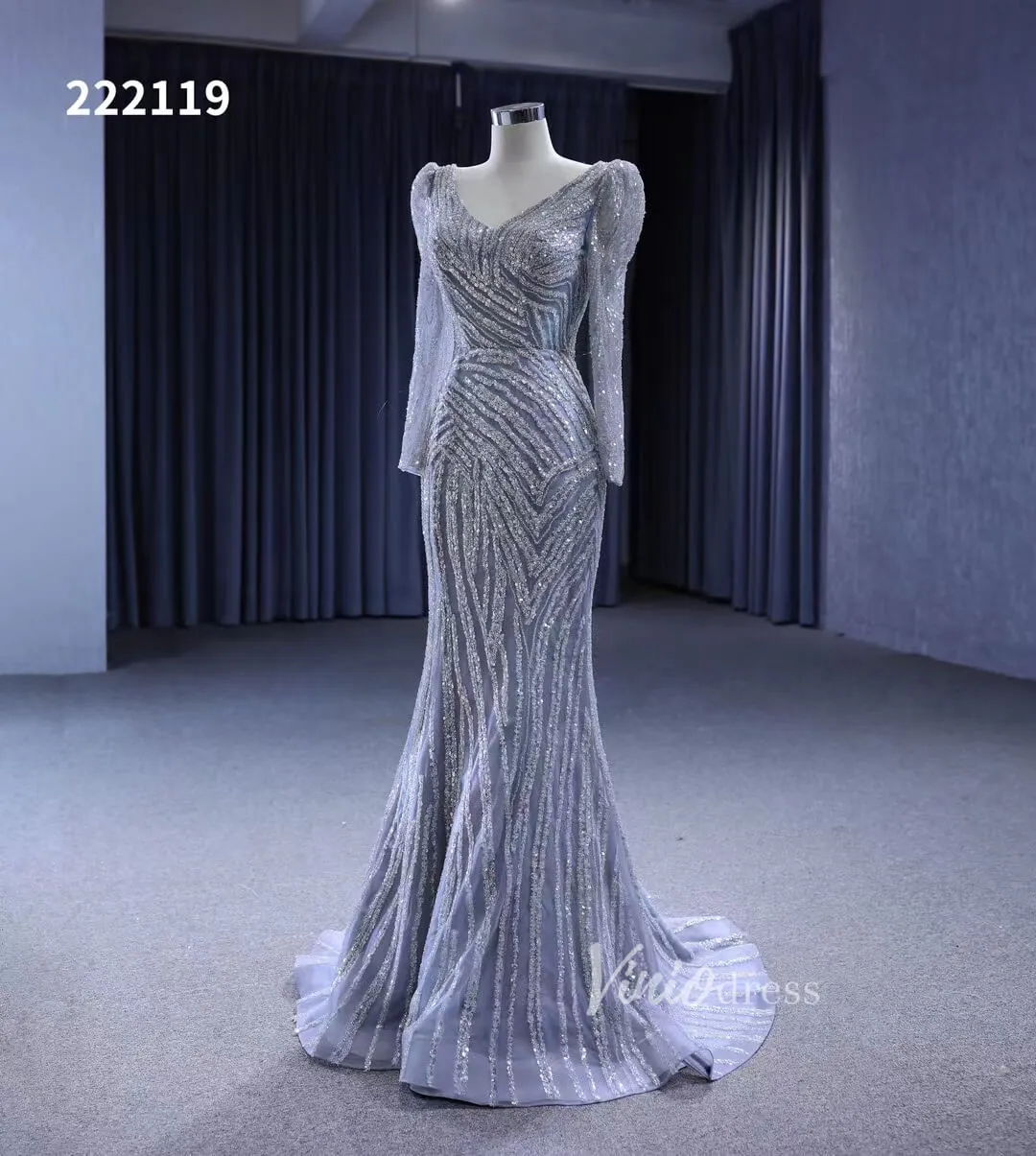 Beaded Grey Wedding Dresses Removable Train Mermaid Evening Gown 222119