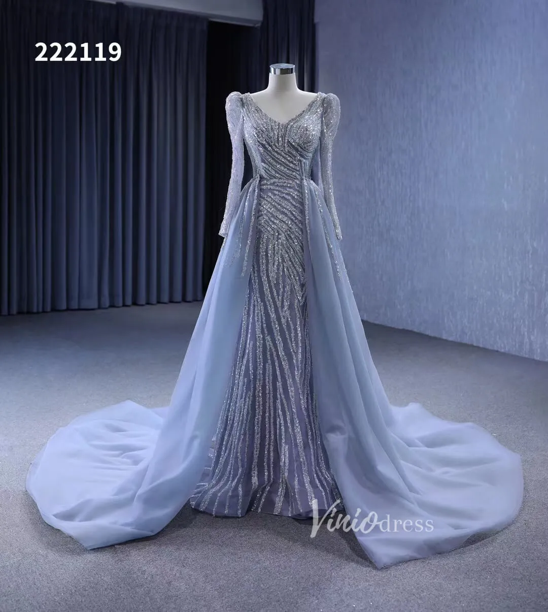 Beaded Grey Wedding Dresses Removable Train Mermaid Evening Gown 222119