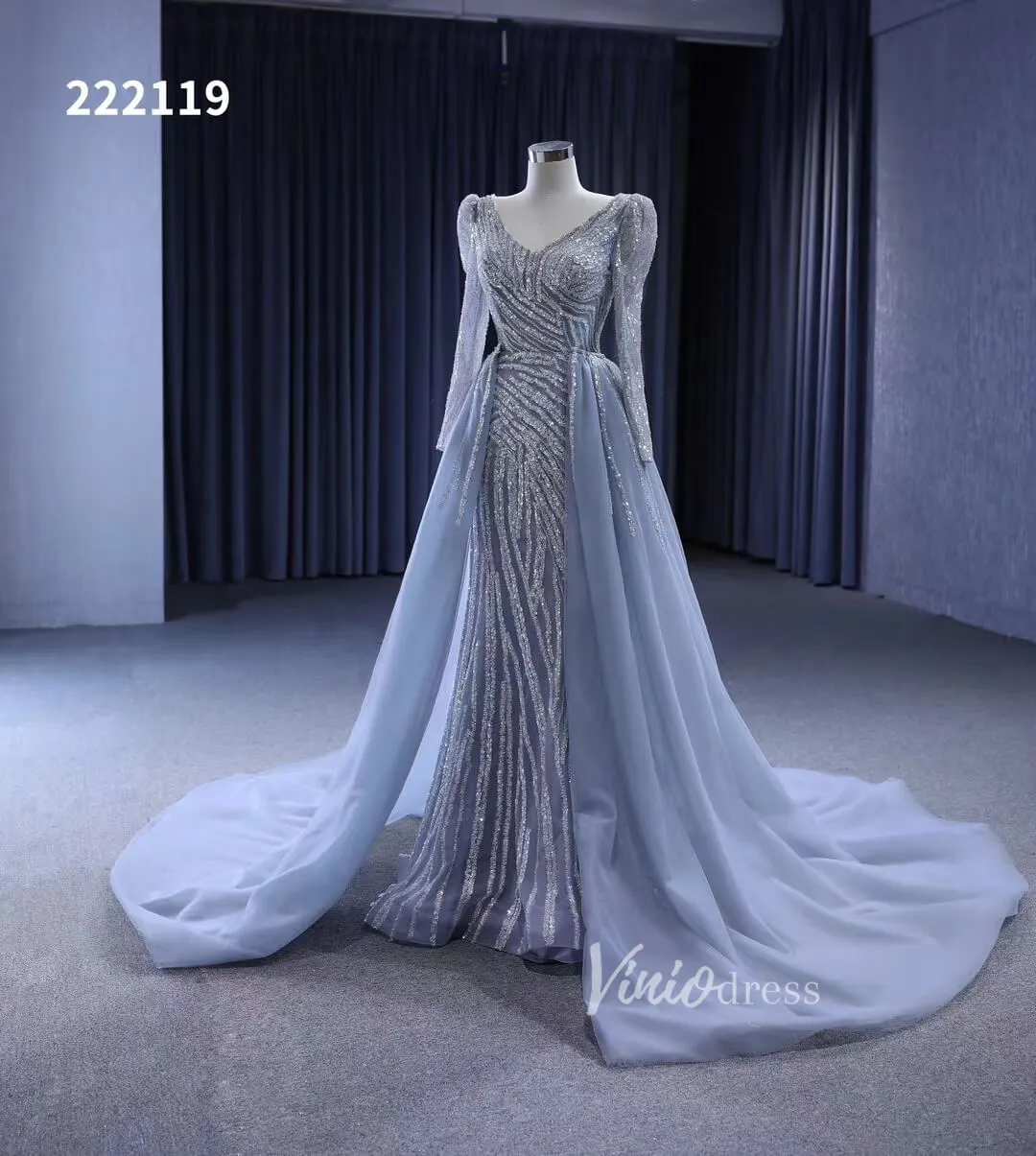 Beaded Grey Wedding Dresses Removable Train Mermaid Evening Gown 222119