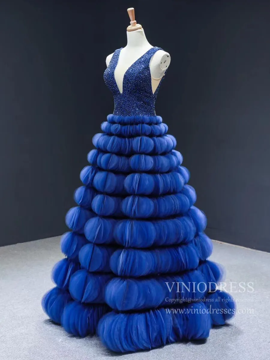 Beaded Haute Couture Prom Dresses Royal Blue Celebrity Ball Gowns viniodress