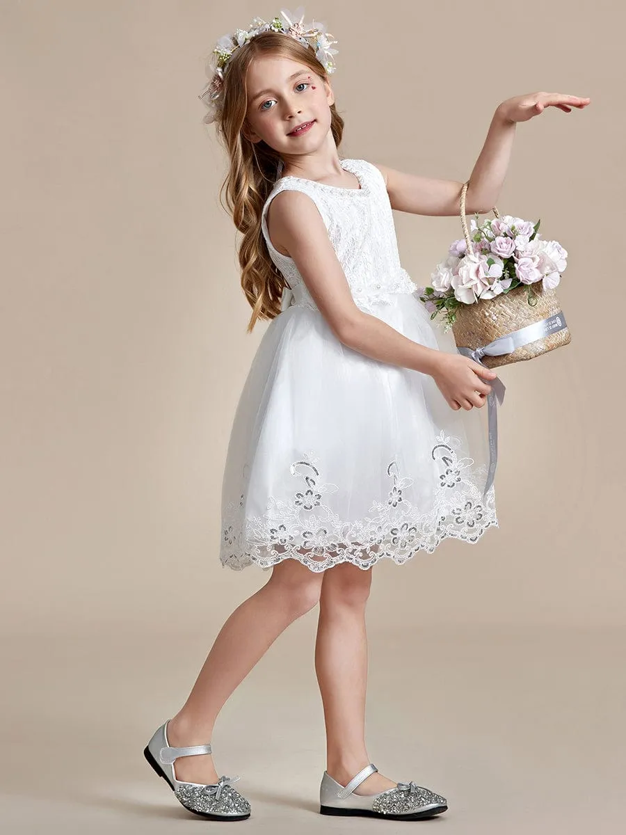 Beaded Lace Applique Sleeveless Flower Girl Dress With Back Bow-Knot