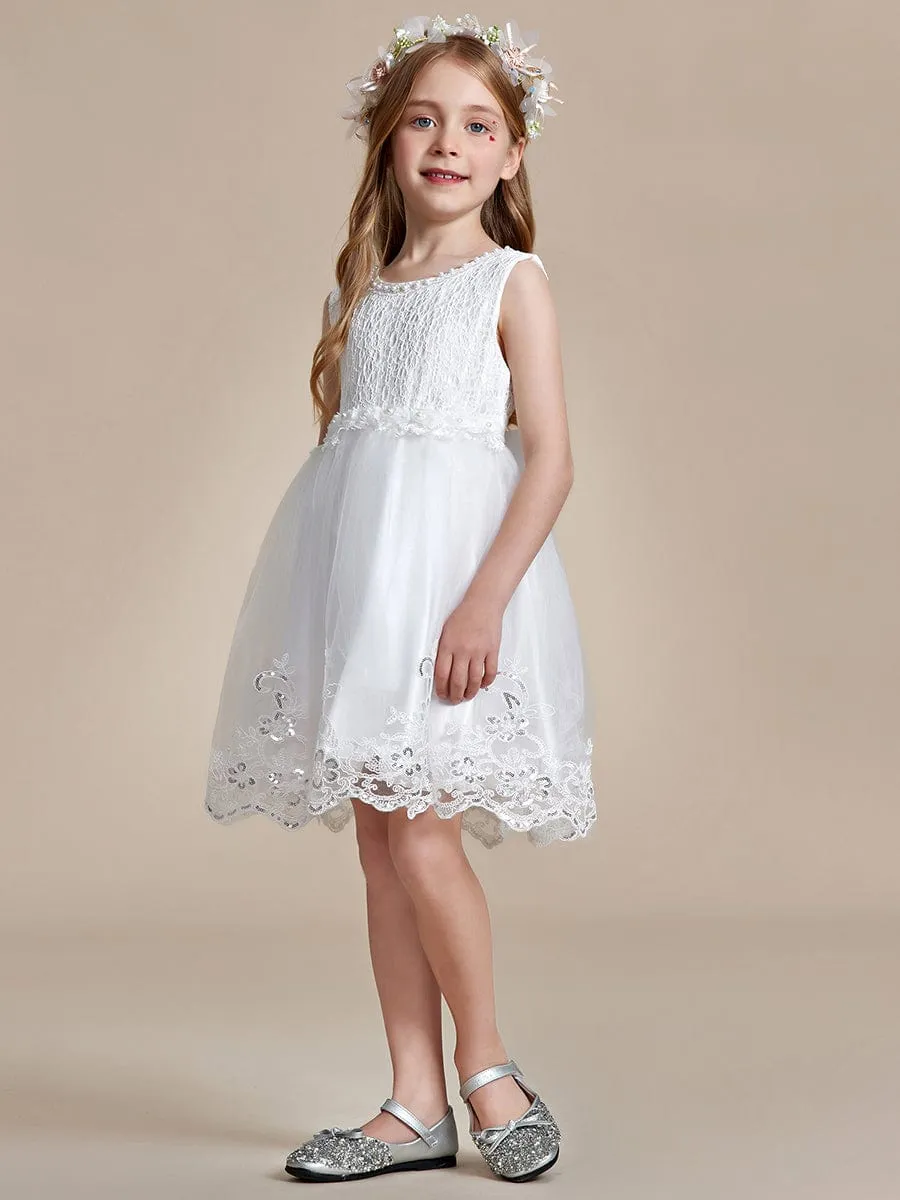 Beaded Lace Applique Sleeveless Flower Girl Dress With Back Bow-Knot