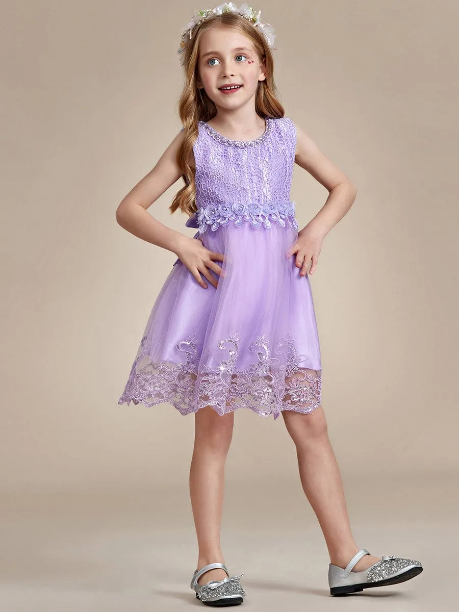 Beaded Lace Applique Sleeveless Flower Girl Dress With Back Bow-Knot