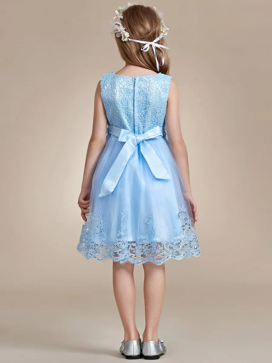 Beaded Lace Applique Sleeveless Flower Girl Dress With Back Bow-Knot