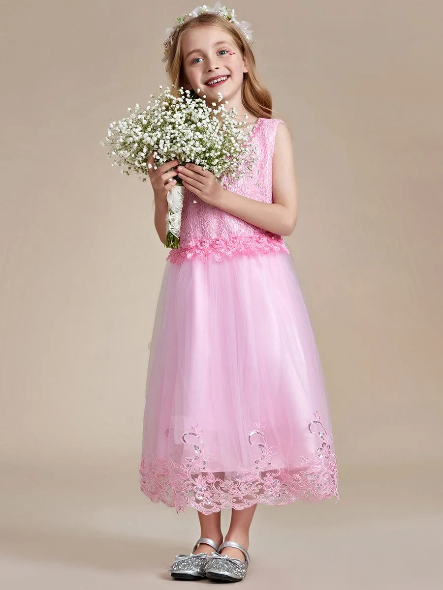 Beaded Lace Applique Sleeveless Flower Girl Dress With Back Bow-Knot