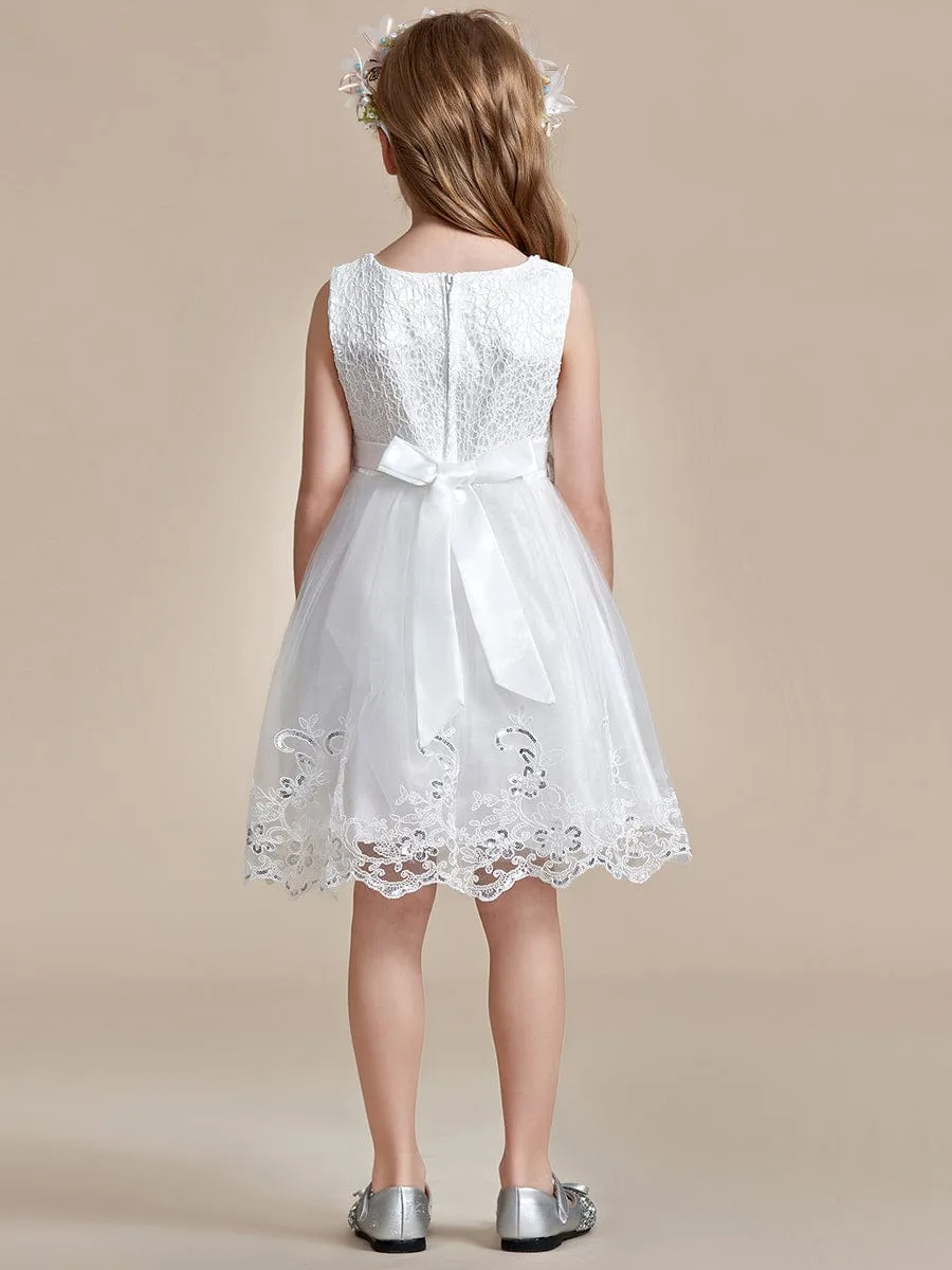 Beaded Lace Applique Sleeveless Flower Girl Dress With Back Bow-Knot