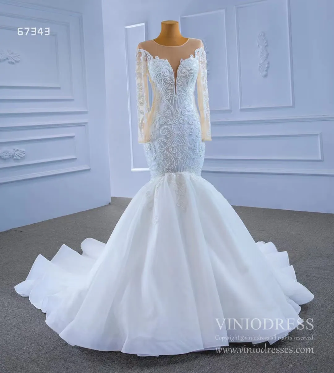 Beaded Off White Mermaid Wedding Dresses with Sleeves 67343