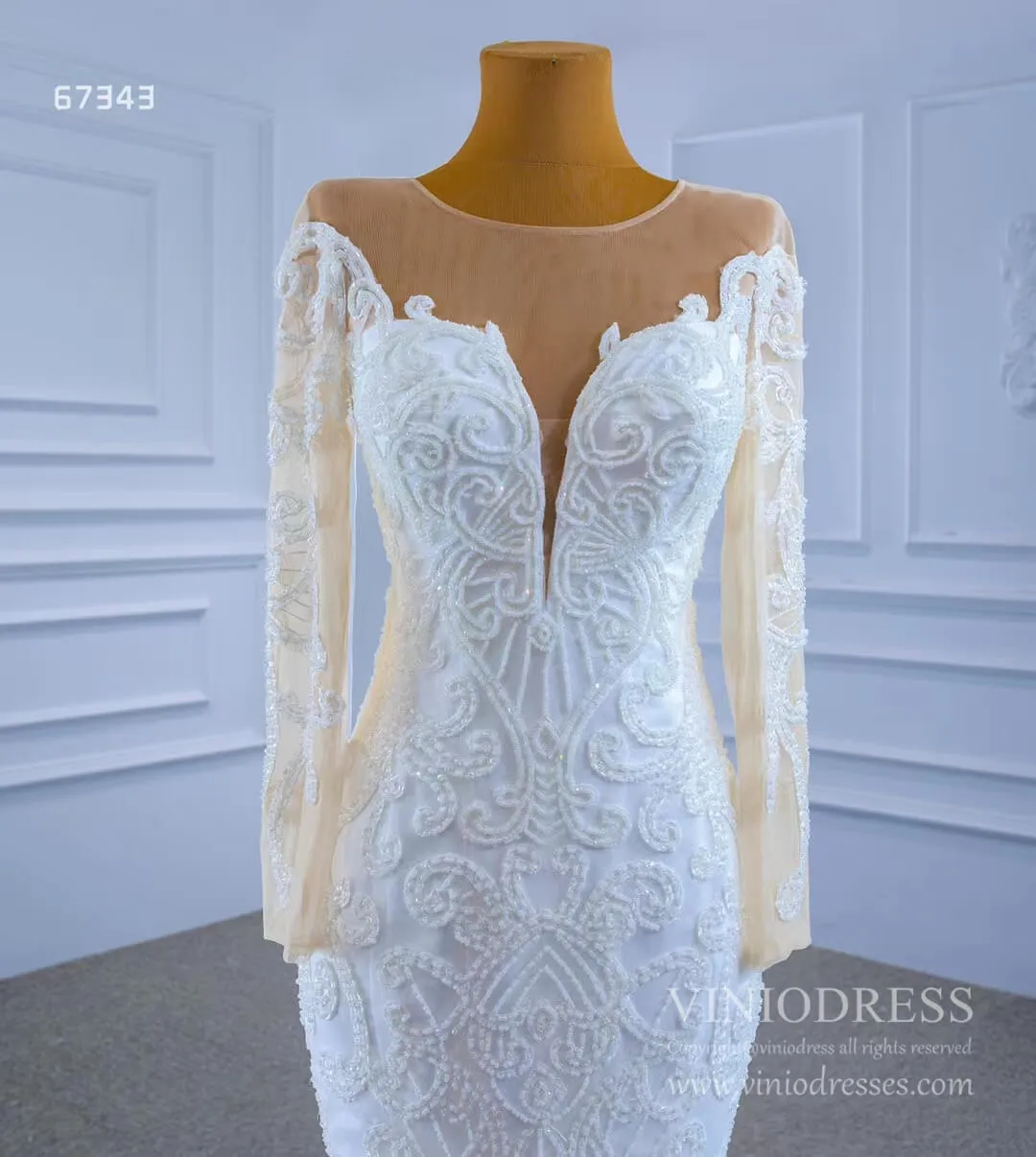 Beaded Off White Mermaid Wedding Dresses with Sleeves 67343