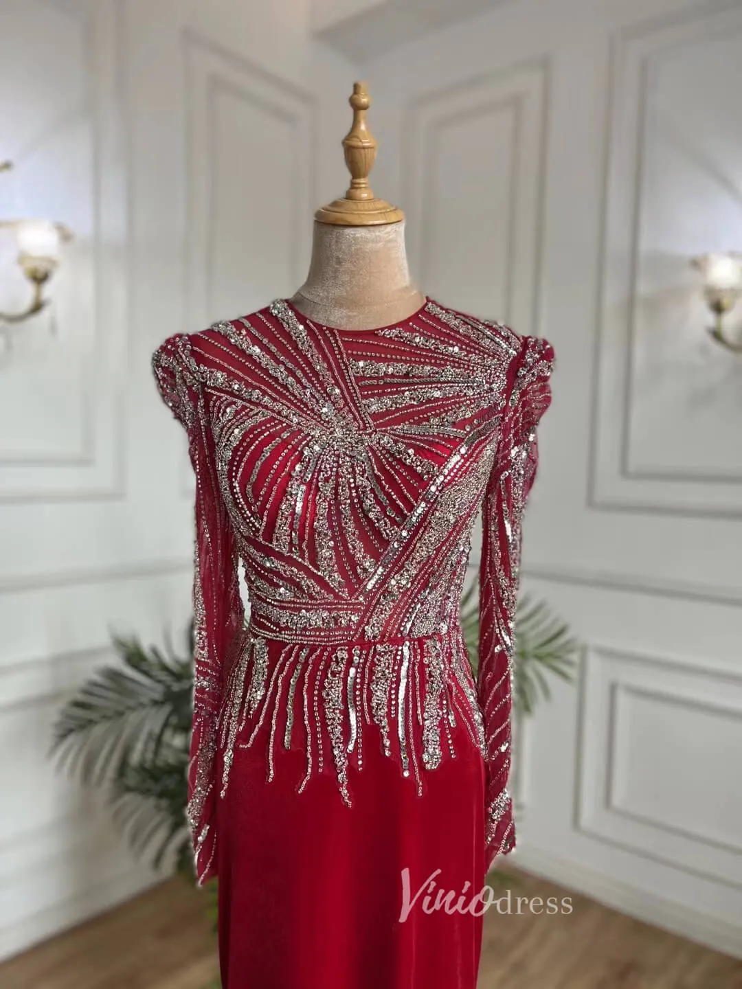 Beaded Red Prom Dresses Sheath Long Sleeve Evening Dress 20072