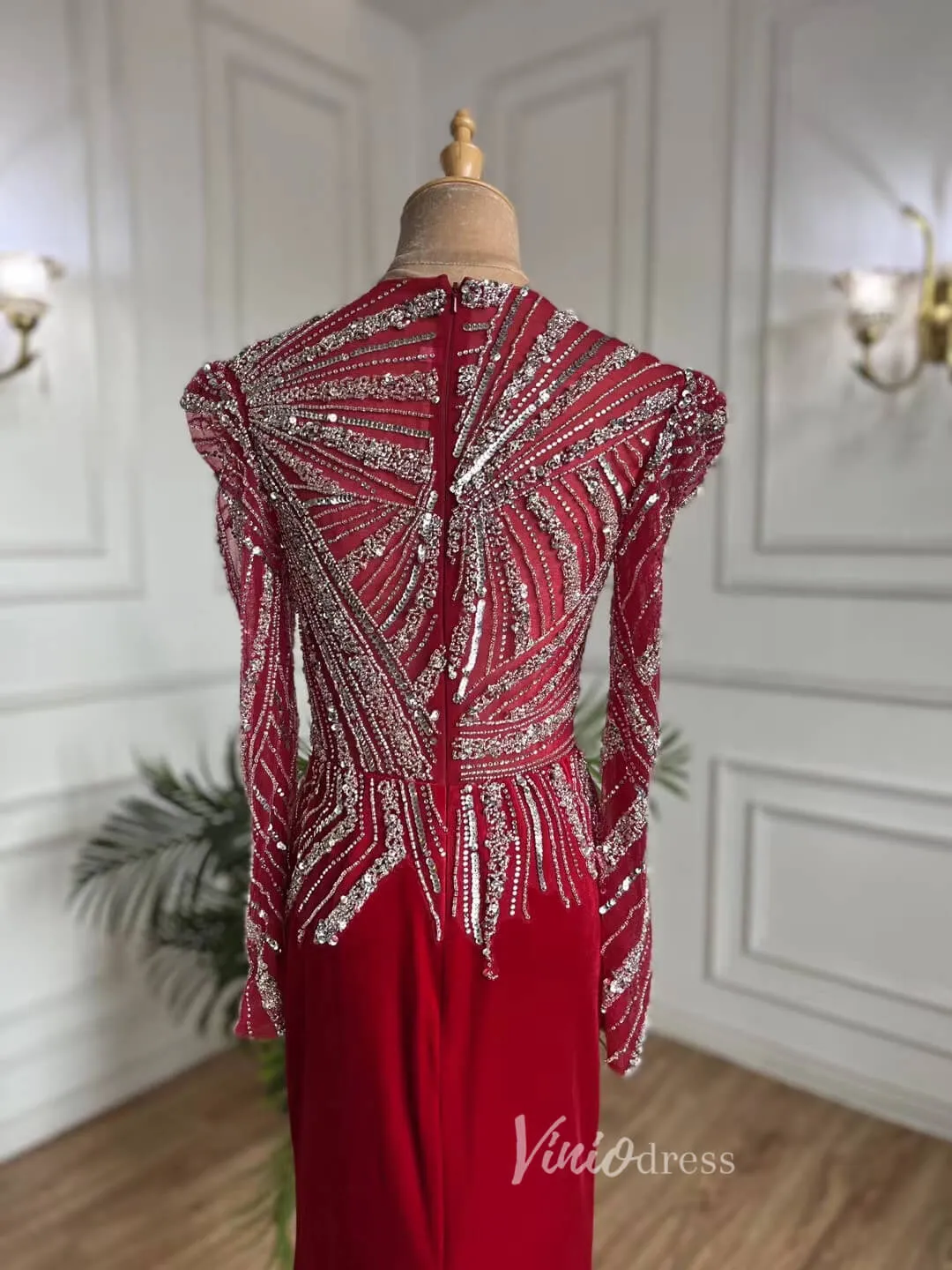 Beaded Red Prom Dresses Sheath Long Sleeve Evening Dress 20072