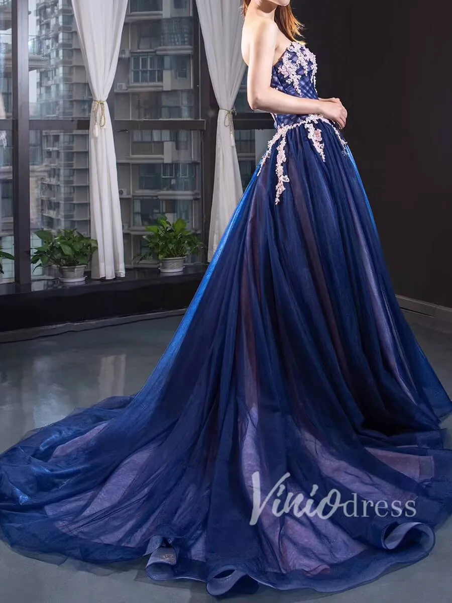 Beaded Royal Blue Strapless Long Prom Dresses FD1419