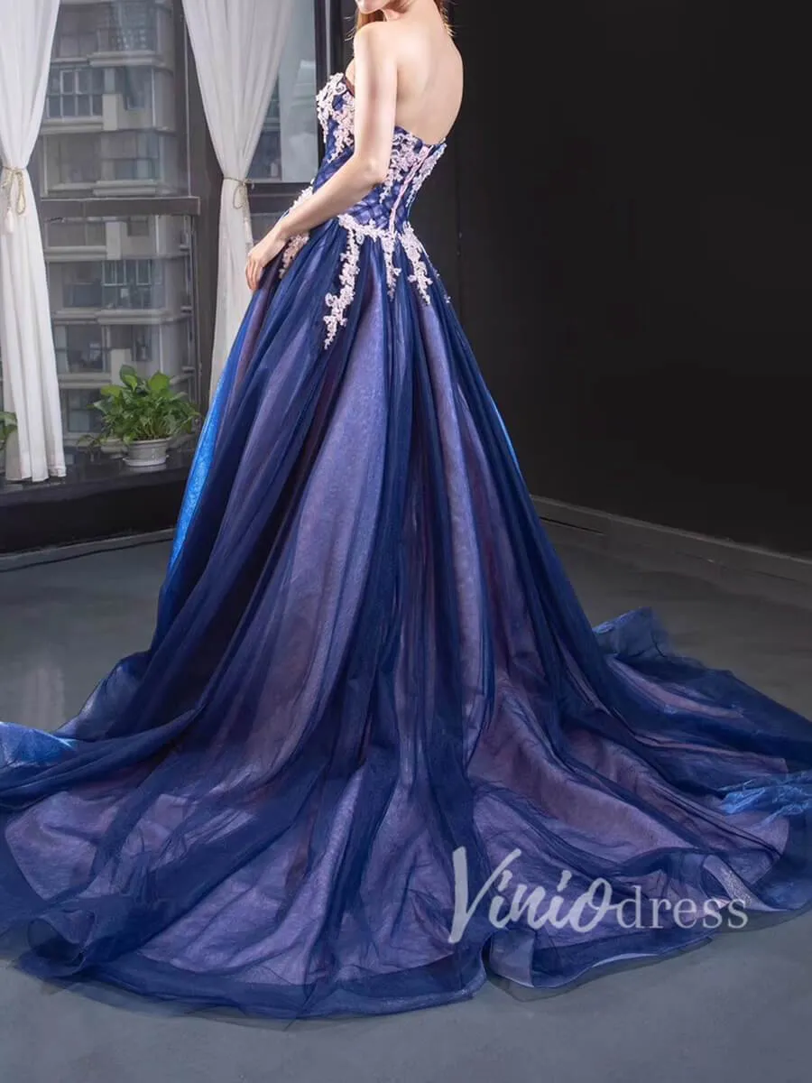 Beaded Royal Blue Strapless Long Prom Dresses FD1419