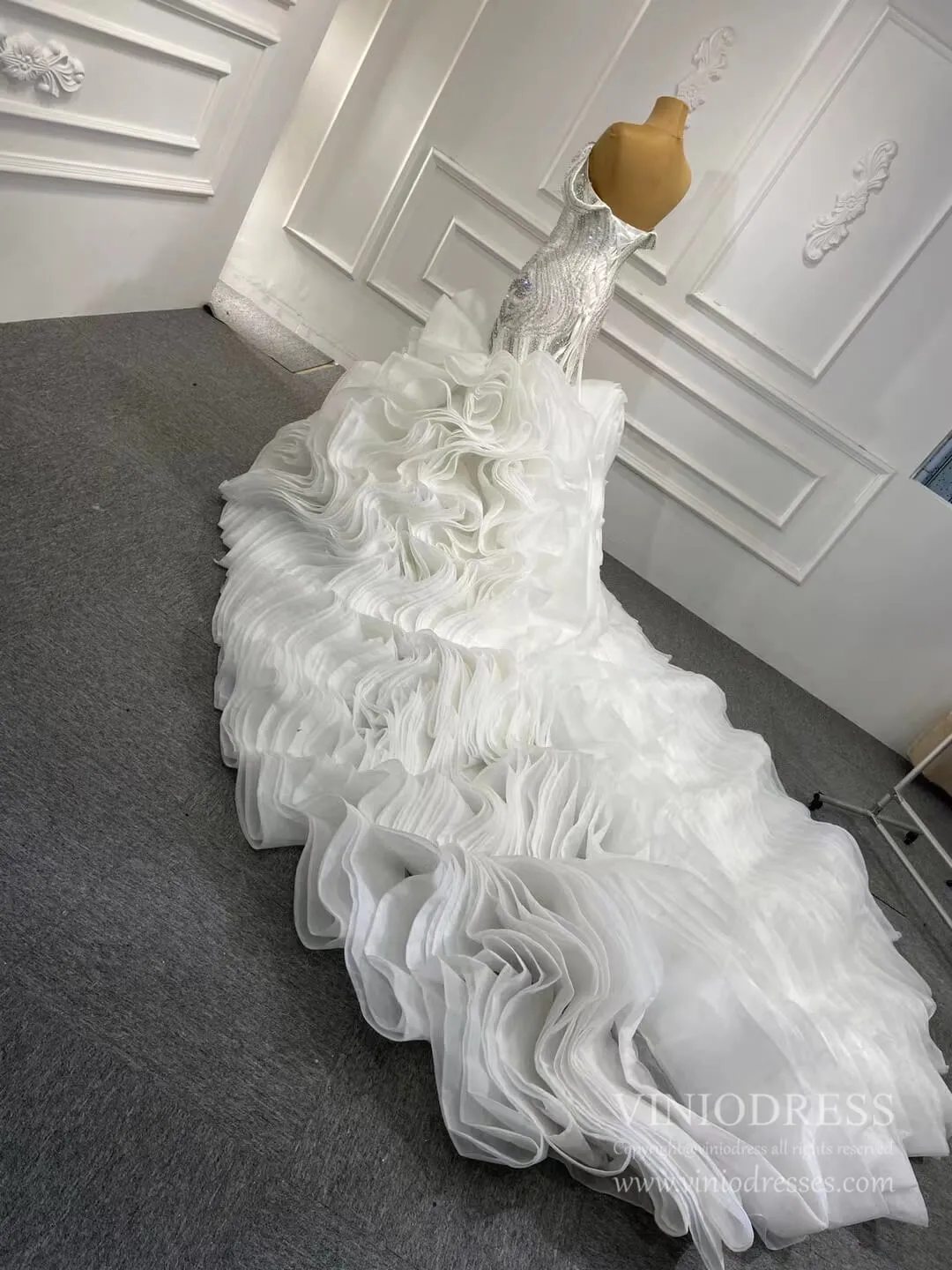 Beaded Ruffle Memraid Wedding Gown with Long Train VINIODRESS