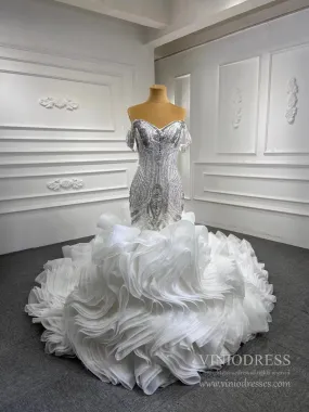 Beaded Ruffle Memraid Wedding Gown with Long Train VINIODRESS