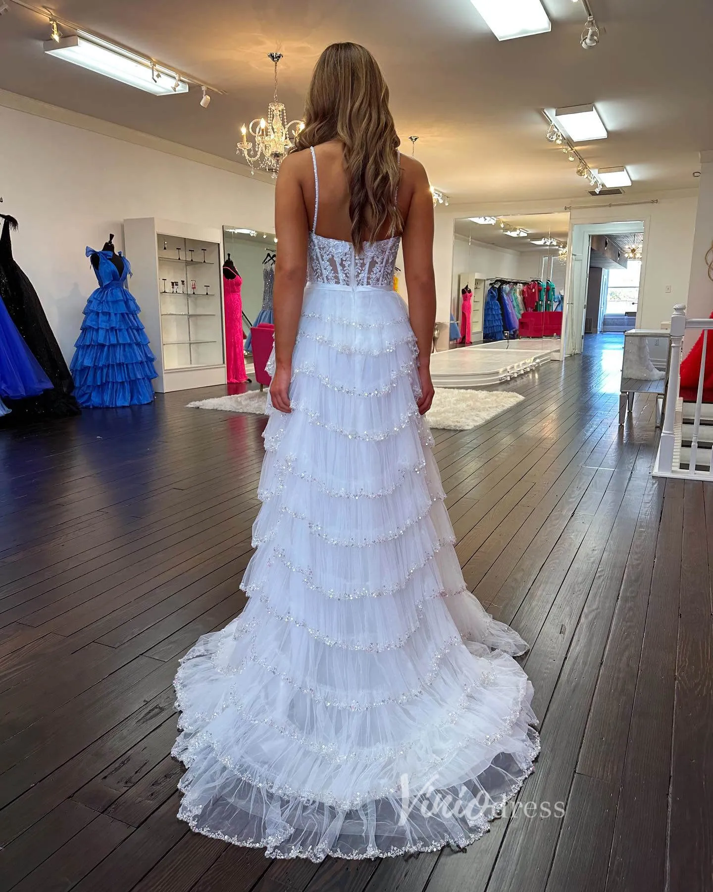 Beaded Ruffle Wedding Dresses Tiered Skirt with Slit, Spaghetti Strap Prom Dresses FD3640