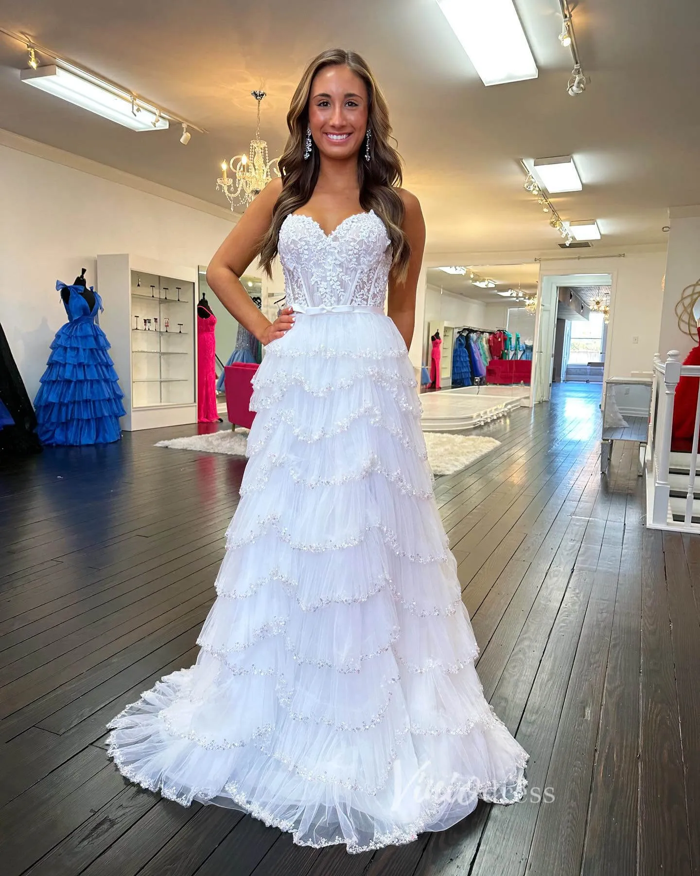 Beaded Ruffle Wedding Dresses Tiered Skirt with Slit, Spaghetti Strap Prom Dresses FD3640