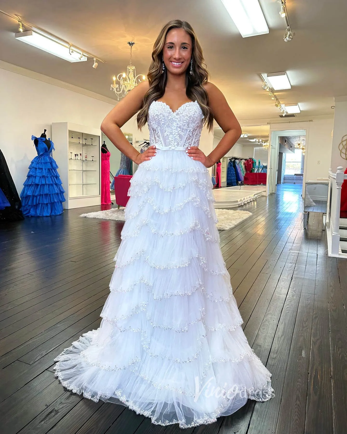 Beaded Ruffle Wedding Dresses Tiered Skirt with Slit, Spaghetti Strap Prom Dresses FD3640