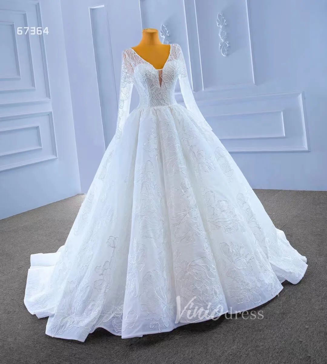 Beaded V-neck Ball Gown Wedding Dress with Sleeves 67364