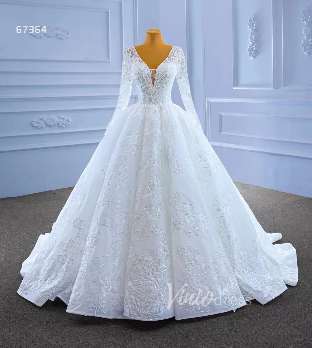 Beaded V-neck Ball Gown Wedding Dress with Sleeves 67364