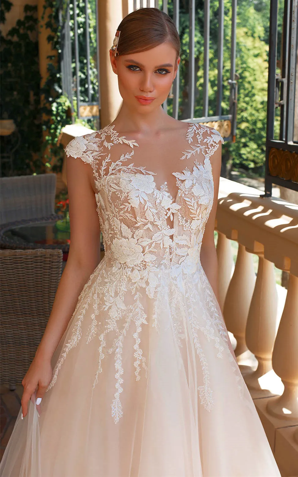 Beautiful A Line Bateau Neck Tulle Sweep Train Wedding Dress with Appliques-716377