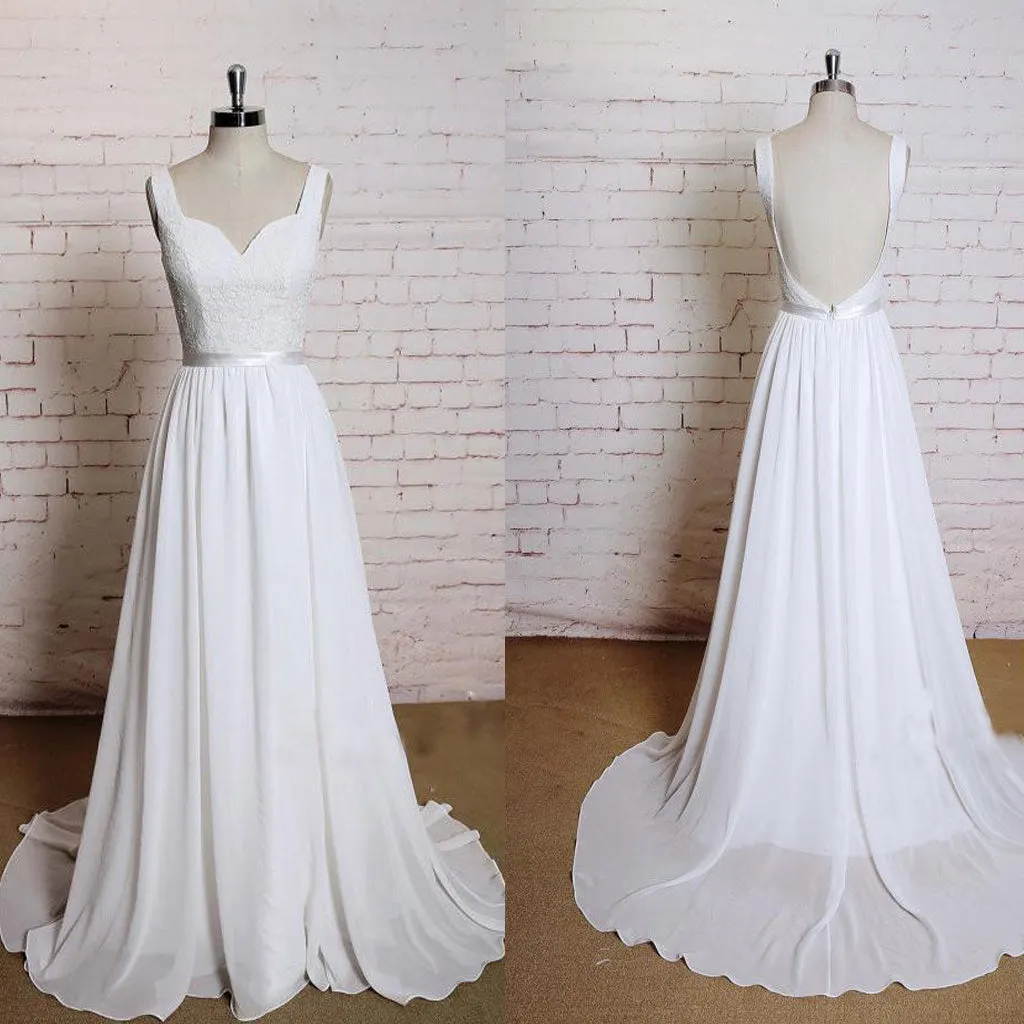 Beautiful High Waist White Lace Long A-line Wedding Party Dresses, Chiffon Bridal Gown, WDY0106