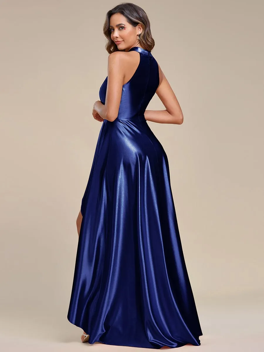 Belly Collar High-Low A-Line Satin Halter Bridesmaid Dress