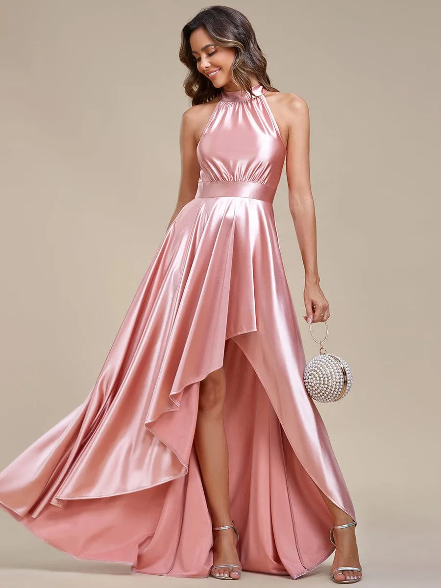 Belly Collar High-Low A-Line Satin Halter Bridesmaid Dress