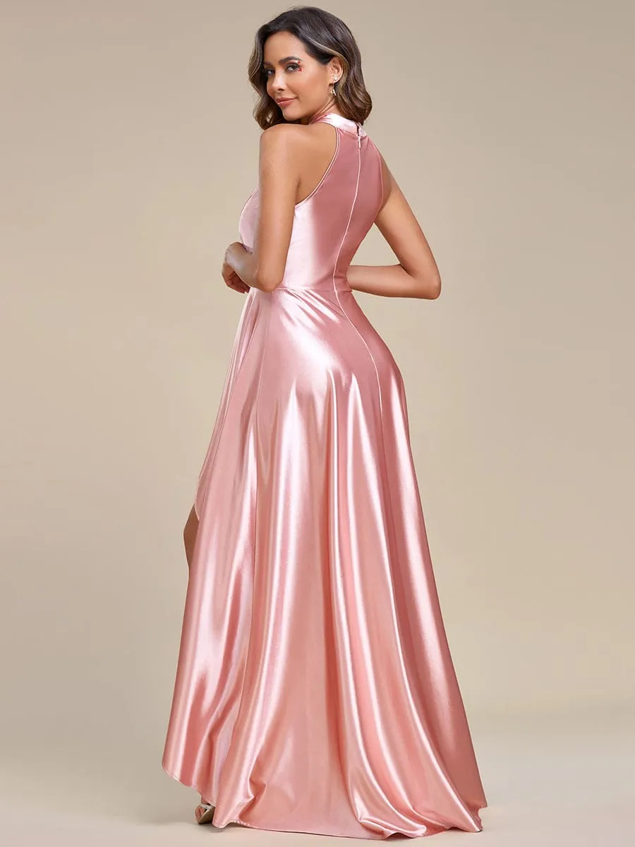 Belly Collar High-Low A-Line Satin Halter Bridesmaid Dress