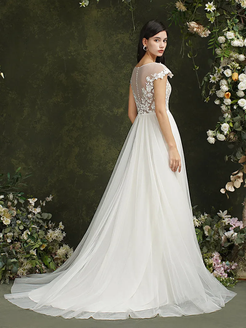 Biztunnel Long A-line Sweetheart Chiffon Lace Wedding Dresses with slit