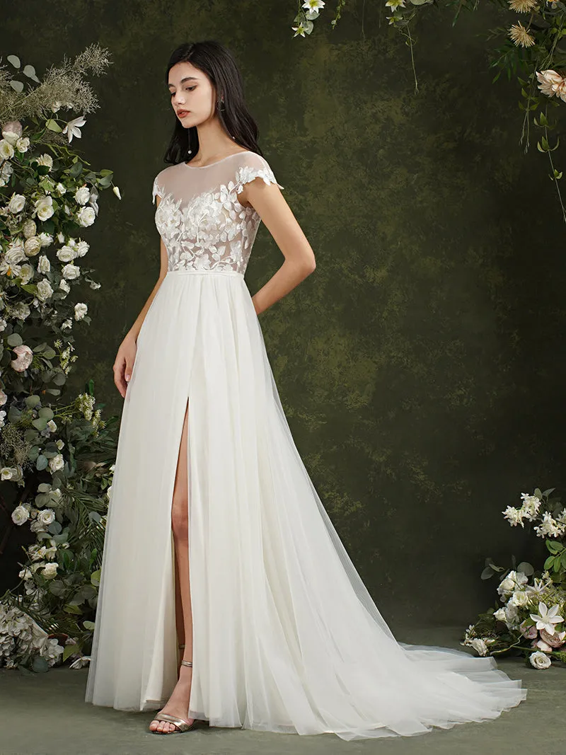 Biztunnel Long A-line Sweetheart Chiffon Lace Wedding Dresses with slit