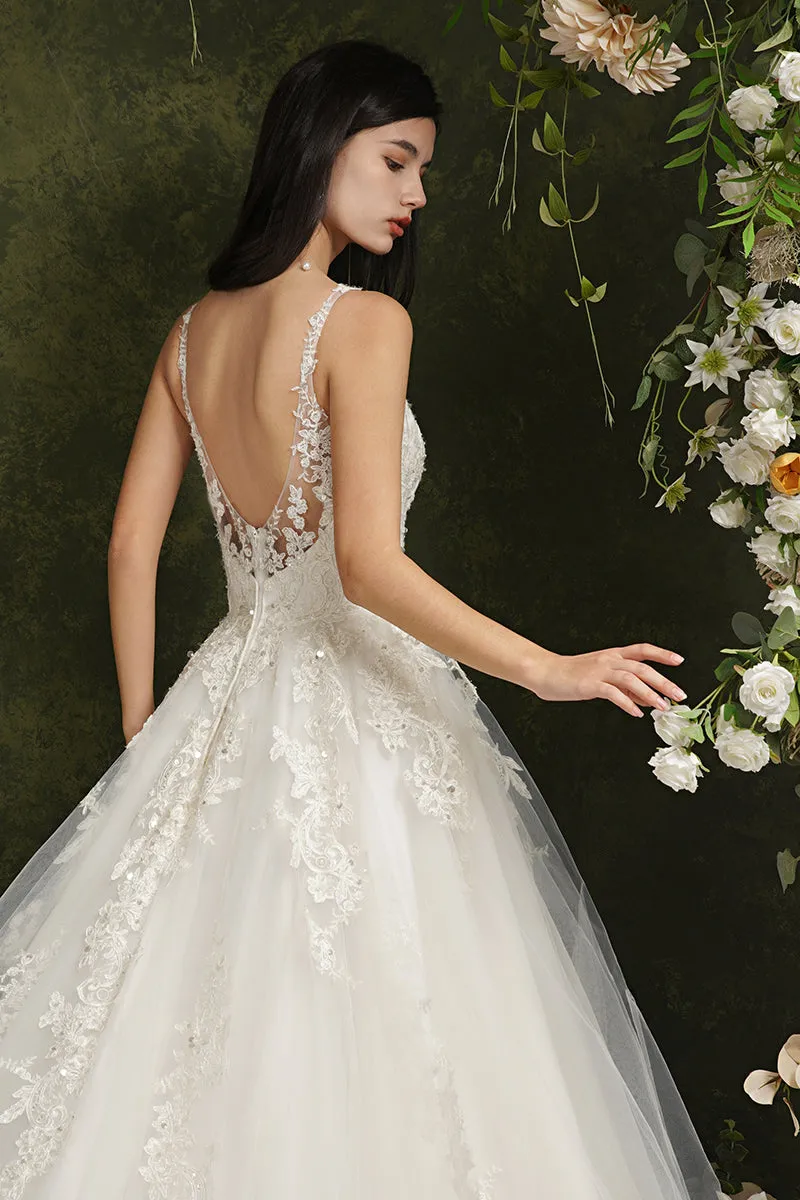 Biztunnel Long A-line V-neck Tulle Lace Backless Wedding Dresses