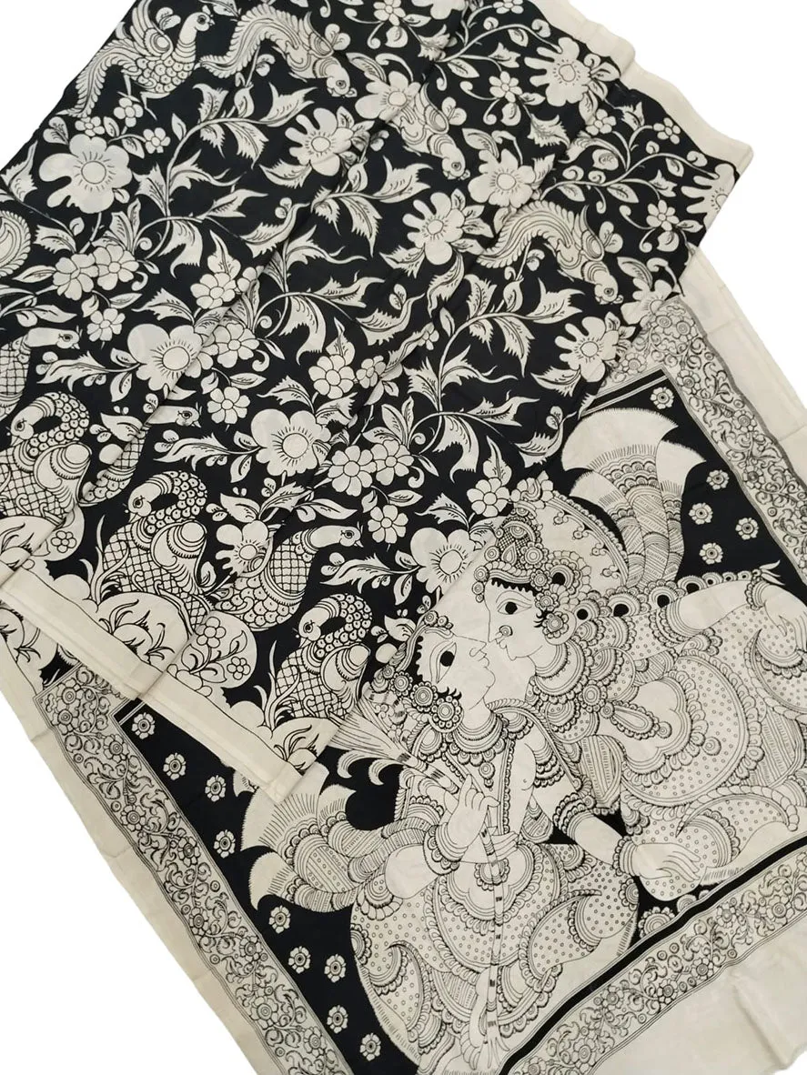 Black And White Hand Painted Kalamkari Chennur Silk Saree