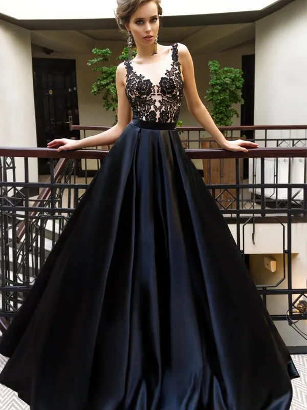 Black Appliques Sexy See Through Long A-line Cheap Prom Dresses, BG0128