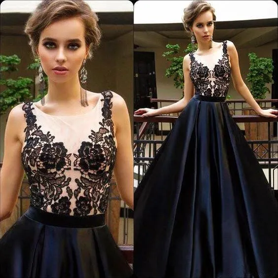 Black Appliques Sexy See Through Long A-line Cheap Prom Dresses, BG0128