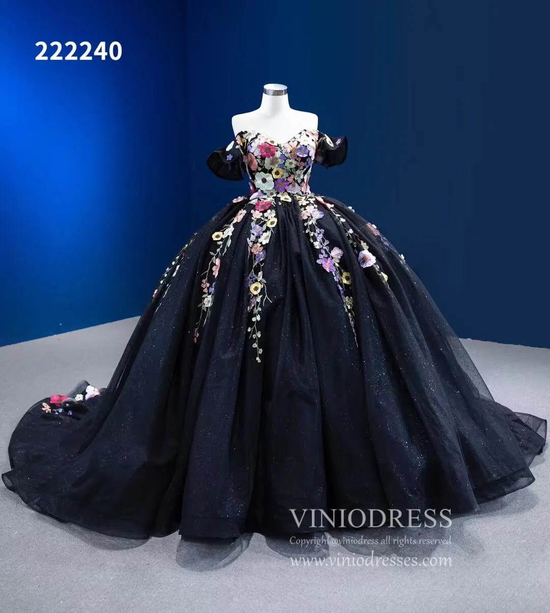 Black Floral Ball Gown Wedding Dress Off the Shoulder Sweet 16 Dress 222240